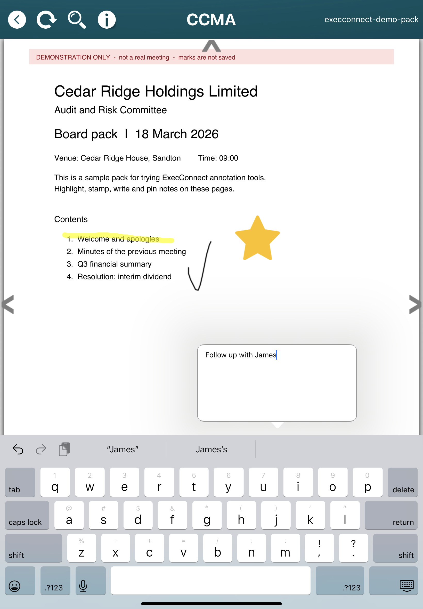 ExecConnect iPad app with annotations on the sample pack